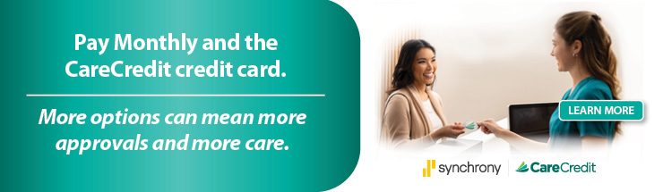 CareCredit credit card - Women exchanging credit card for payment - learn more button